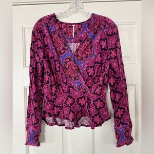 Free People Fuchsia & Purple Paisley Wrap Blouse XS